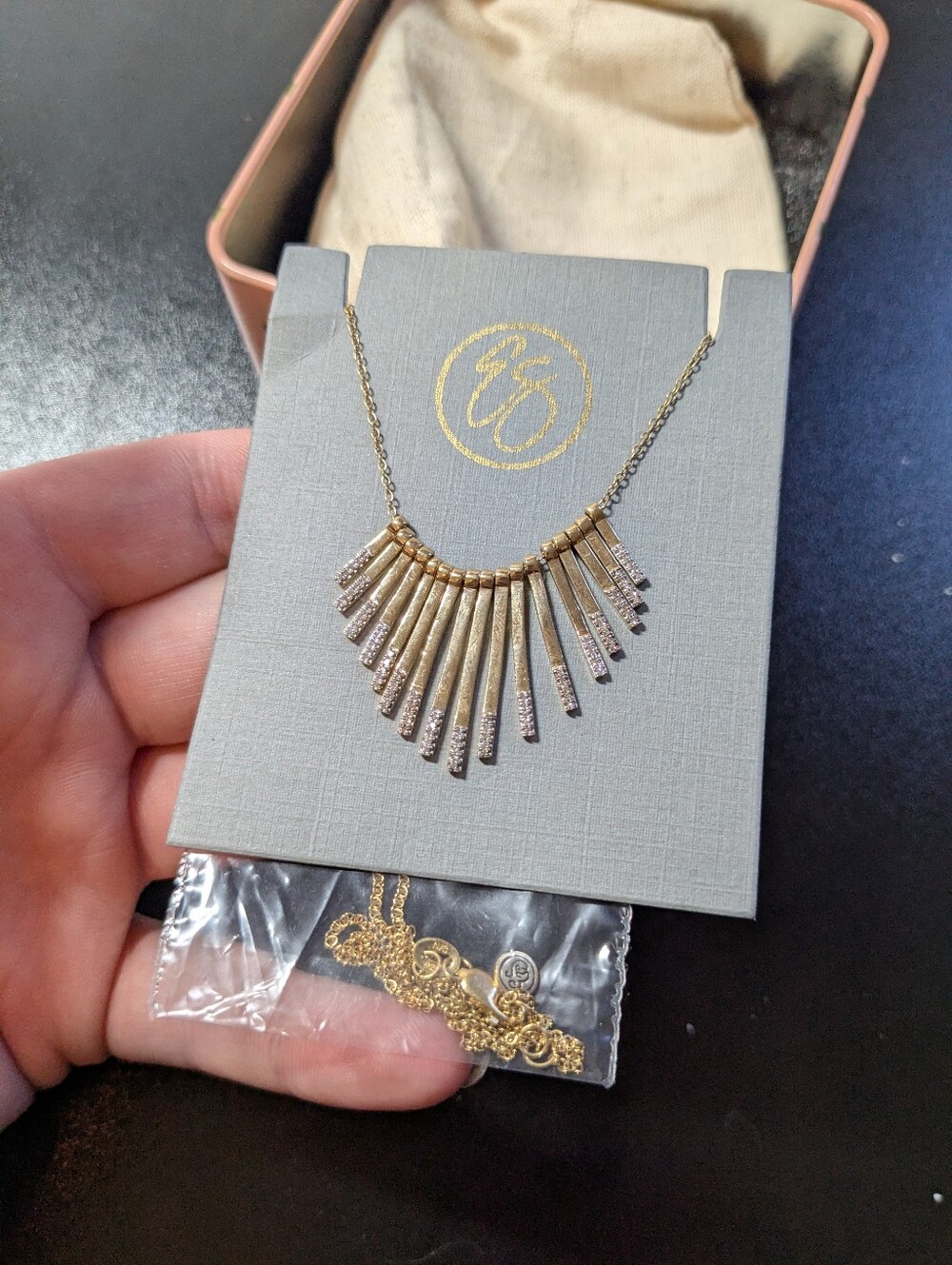 Ella Stein Gold Plated Stainless Steel Fringe W Diamonds Necklace NEW